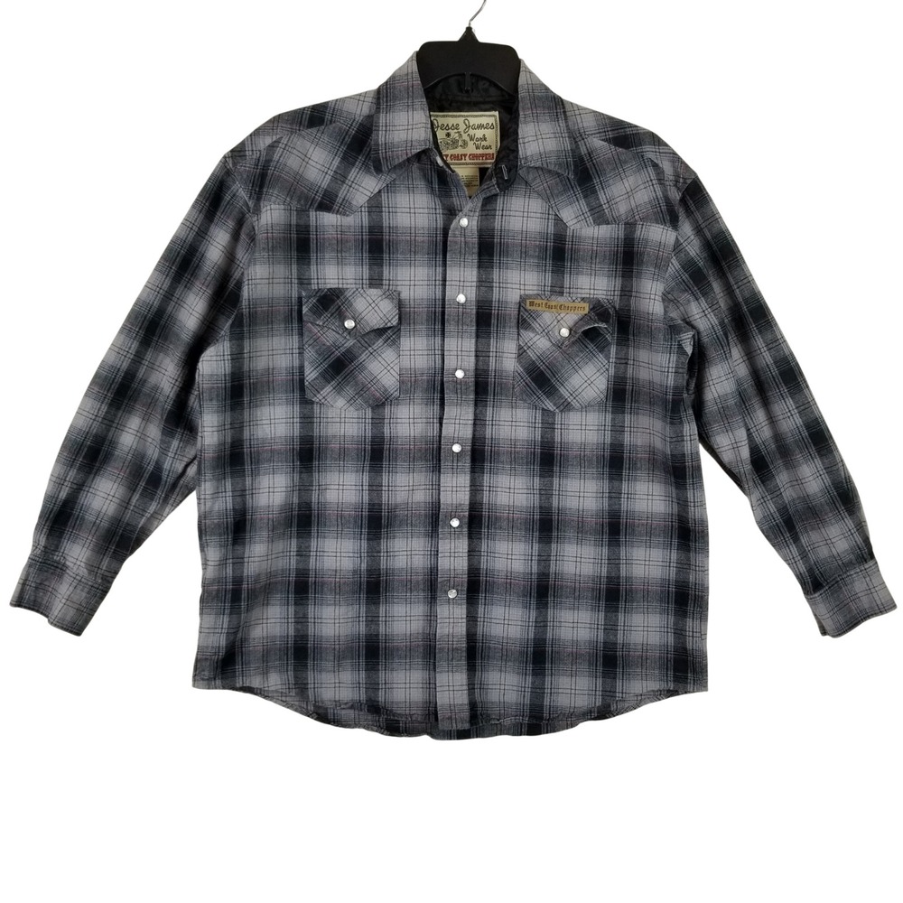 Jesse James West Coast Choppers Flannel Shirt Grey Black Plaid Quilted Lined L